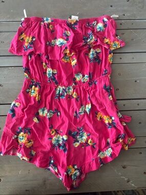 Mini Chica Hot Pink Floral Off-Shoulder Romper with Yellow Accents